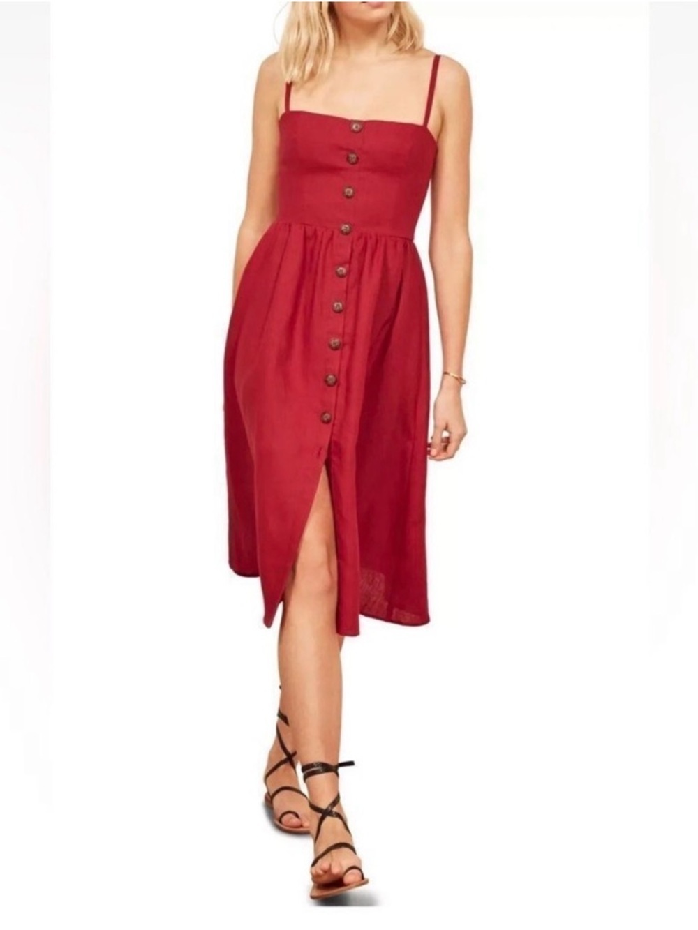 Reformation Tori Cherry Red 100% Linen Midi Dress size 2 - Picture 9 of 10